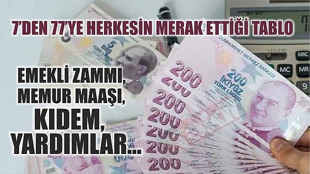 7'den 77'ye herkesin merak ettiği tablo: Emekli zammı, memur maaşı, kıdem, yardımlar…