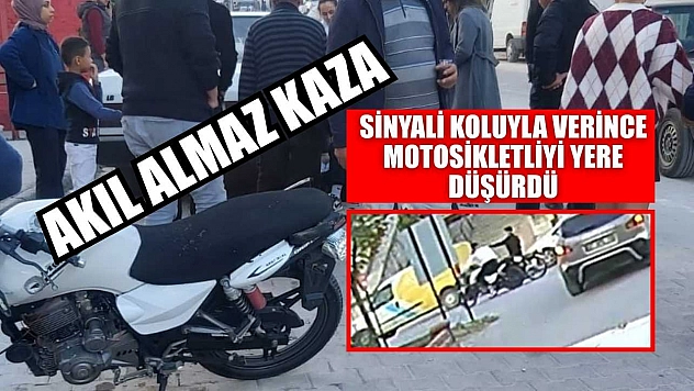 Akıl almaz kaza: Sinyali koluyla verince motosikletliyi yere düşürdü