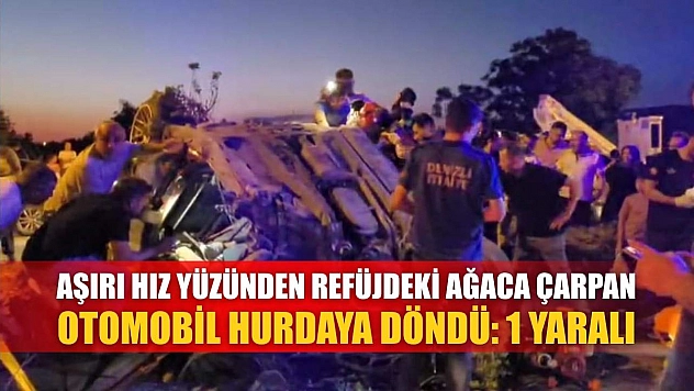 Aşırı hız yüzünden refüjdeki ağaca çarpan otomobil hurdaya döndü: 1 yaralı
