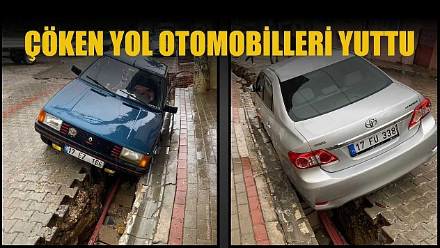 Çöken yol otomobilleri yuttu