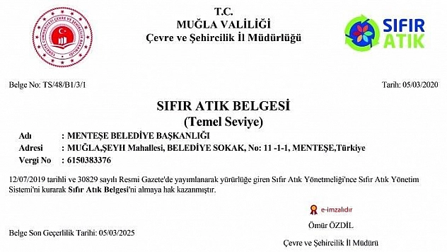 Menteşe Belediyesine Sıfır Atık Belgesi
