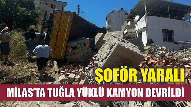 Milas'ta tuğla yüklü kamyon devrildi: Şoför yaralı