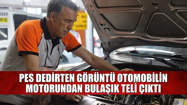 Pes dedirten görüntü: Otomobilin motorundan bulaşık teli çıktı