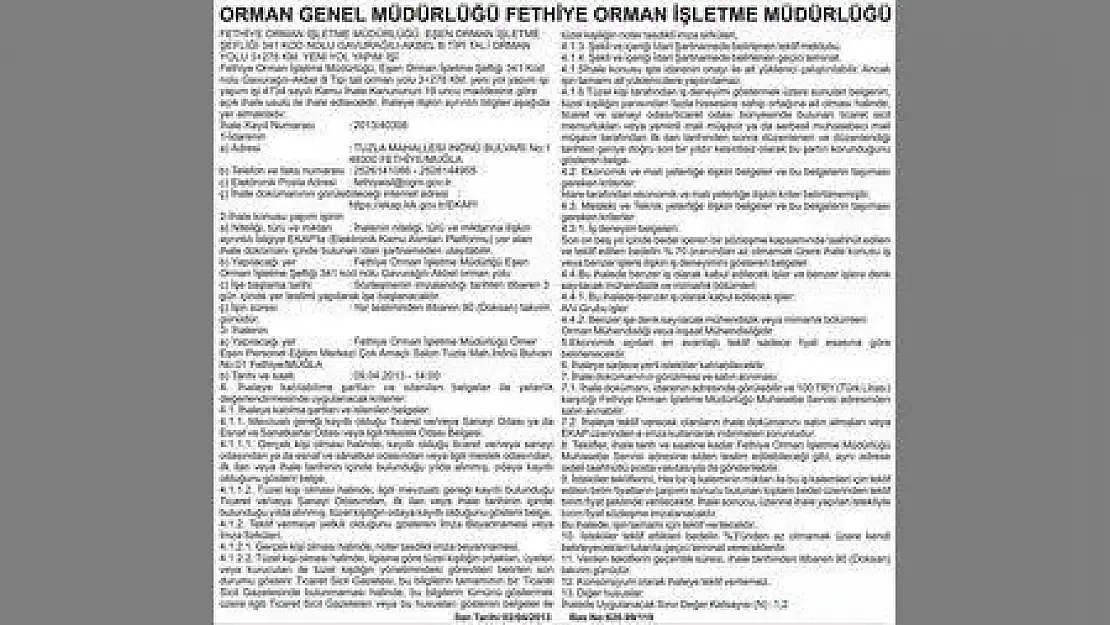 ORMAN GENEL MÜDÜRLÜĞÜ FETHİYE ORMAN İŞLETME MÜDÜRLÜĞÜ