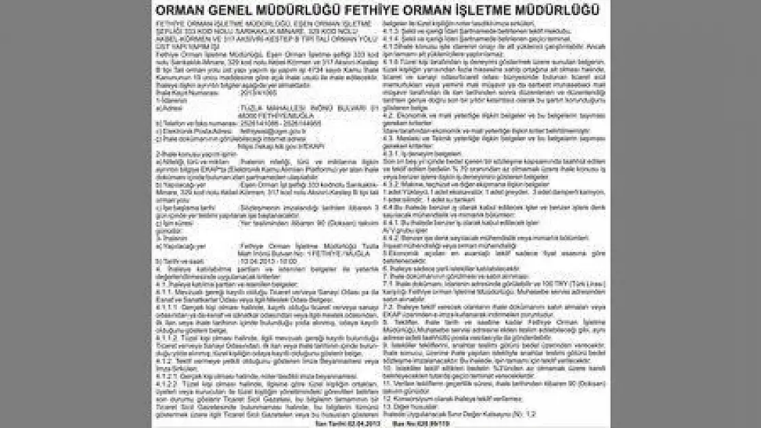 ORMAN GENEL MÜDÜRLÜĞÜ FETHİYE ORMAN İŞLETME MÜDÜRLÜĞÜ