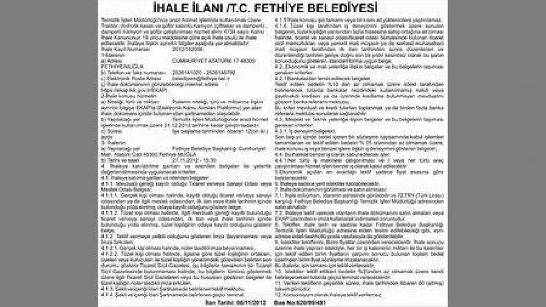 İHALE İLANI T.C. FETHİYE BELEDİYESİ