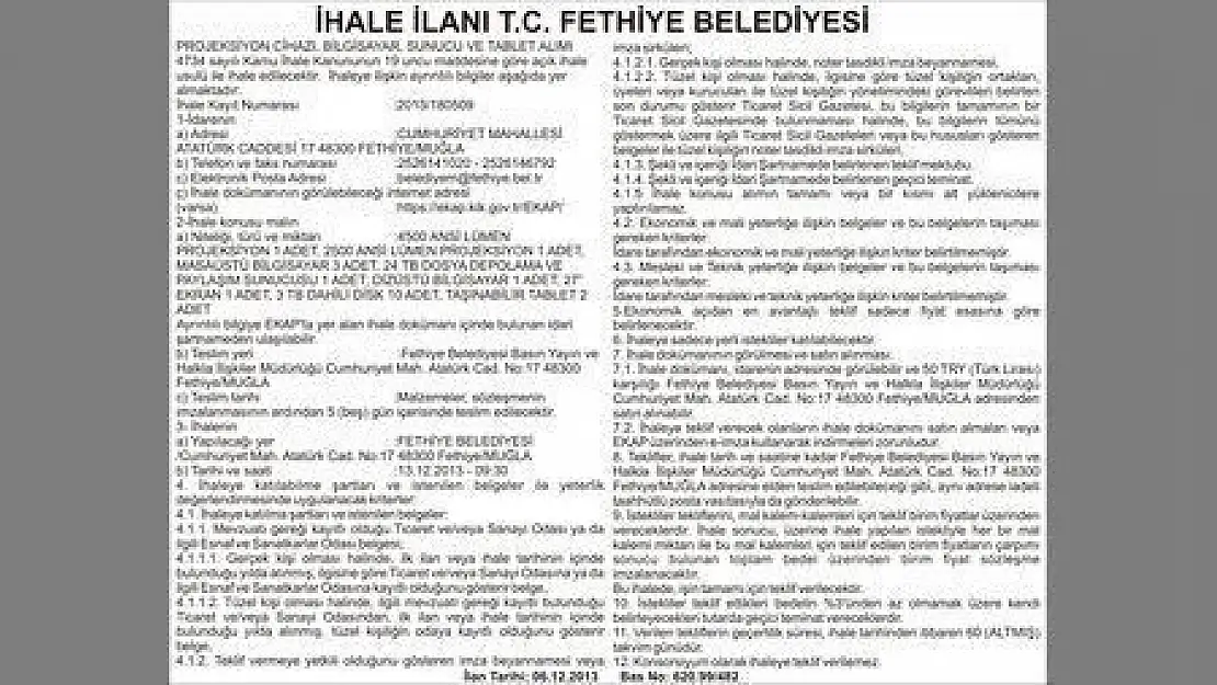 İHALE İLANI T.C FETHİYE BELEDİYESİ