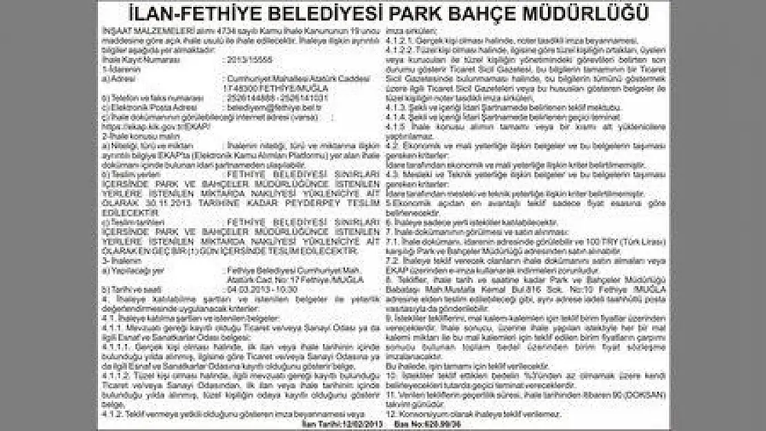 İLAN FETHİYE BELEDİYESİ PARK BAHÇE MÜDÜRLÜĞÜ