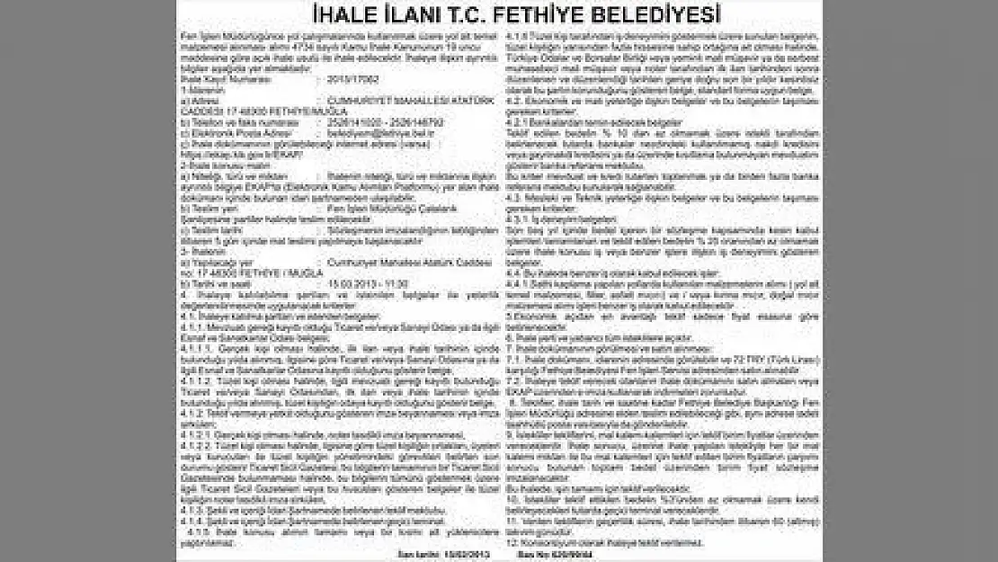 İHALE İLANI T.C. FETHİYE BELEDİYESİ