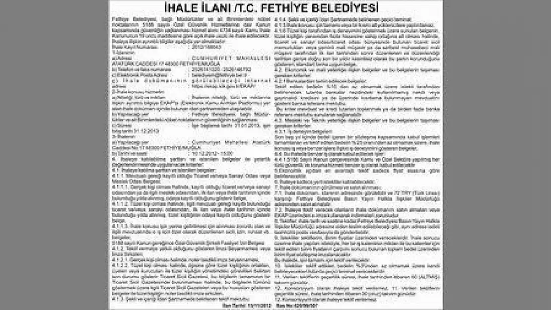 İHALE İLANI T.C. FETHİYE BELEDİYESİ