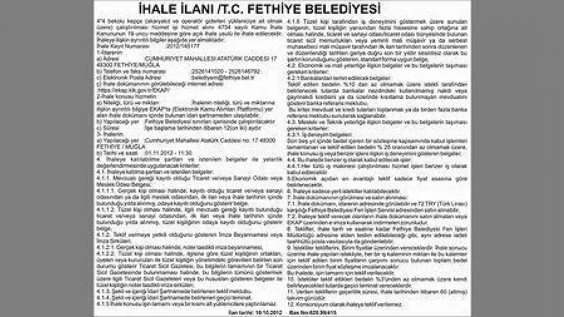 İHALE İLANI /T.C. FETHİYE BELEDİYESİ