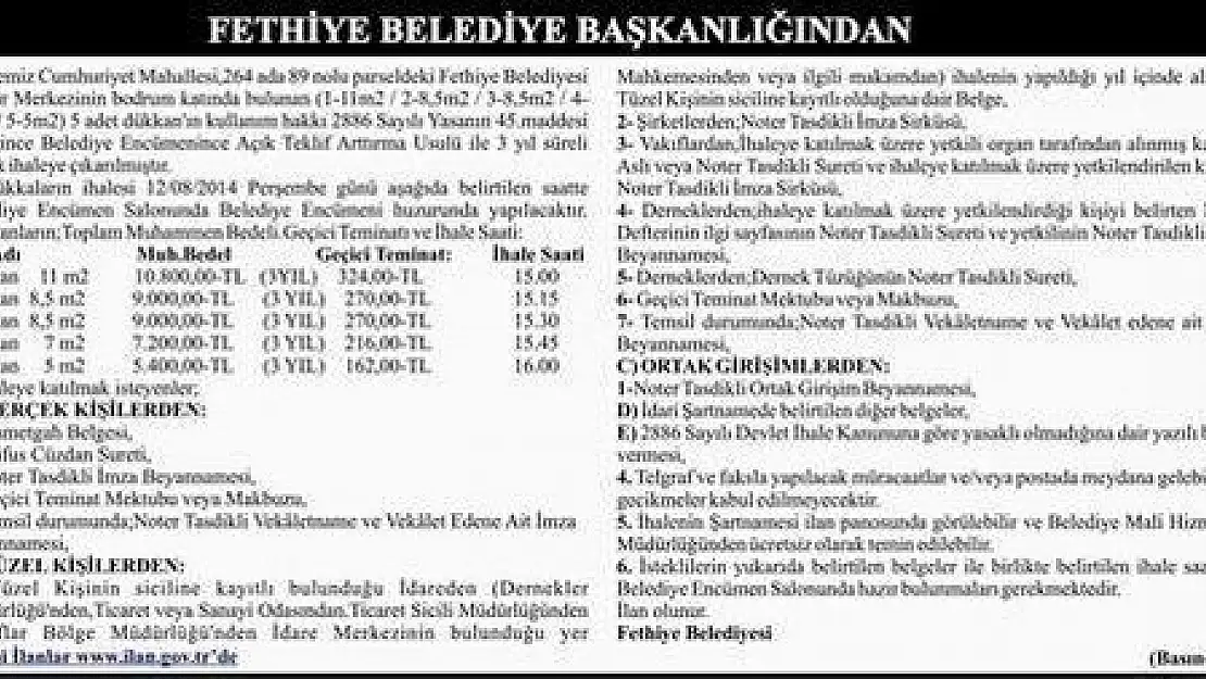 FETHİYE BELEDİYE BAŞKANLIĞINDAN