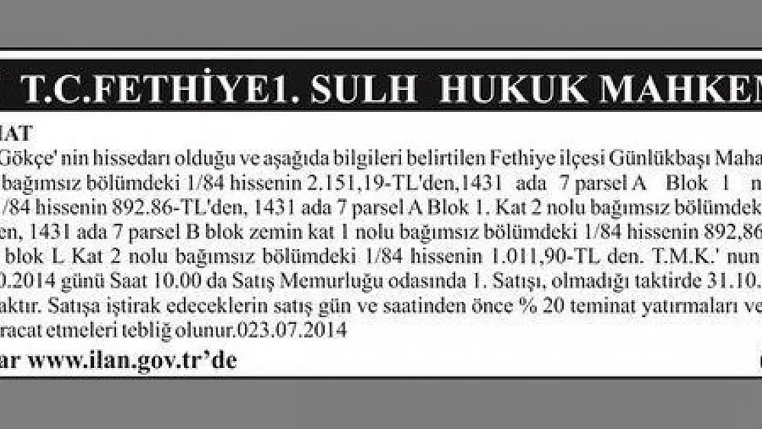 FETHİYE 1.SULH HUKUK MAHKEMESİNDEN