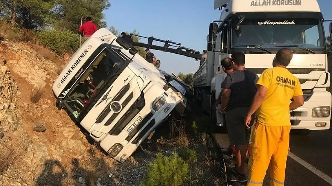 Köyceğiz'de tomruk yüklü tır devrildi