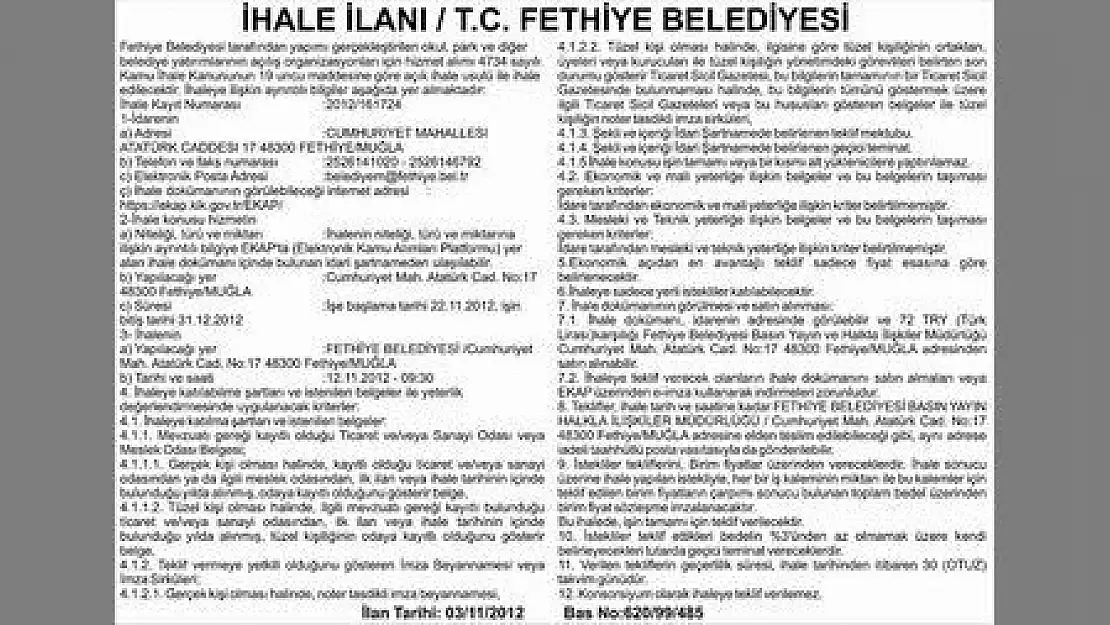 İHALE İLANI  T.C. FETHİYE BELEDİYESİ