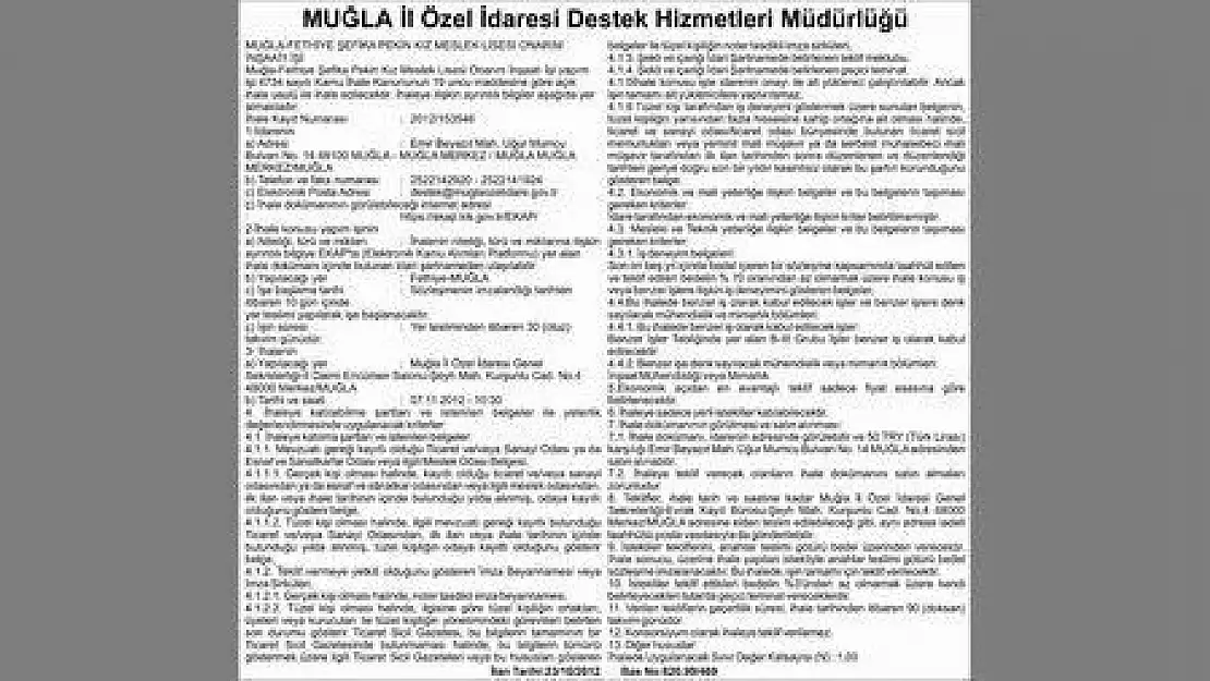 MUĞLA İl Özel İdaresi Destek Hizmetleri Müdürlüğü