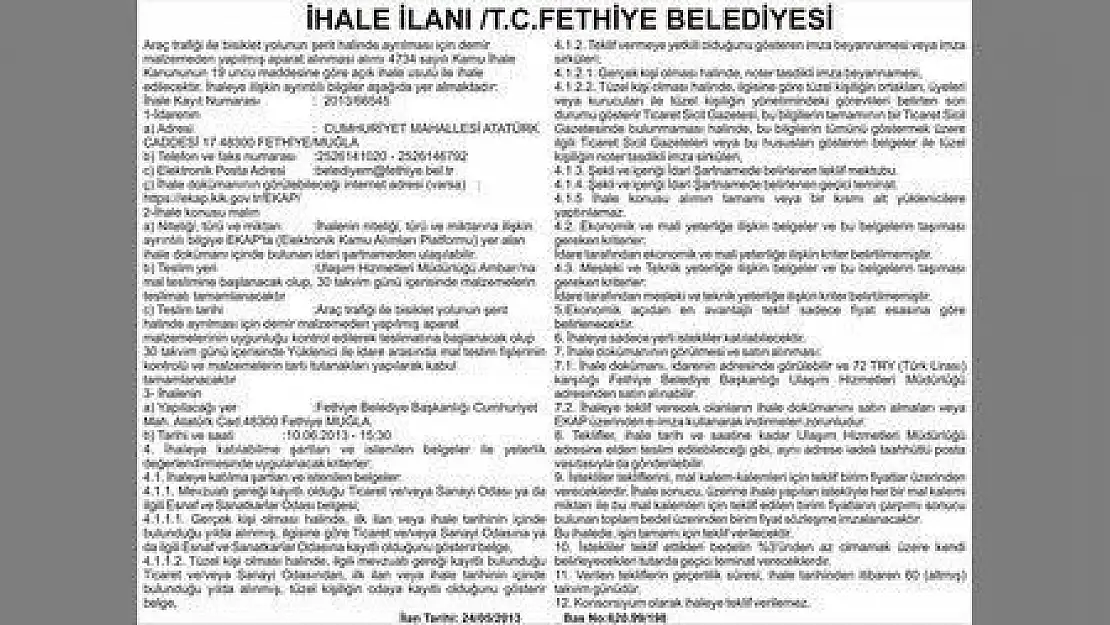 İHALE İLANI  T.C.FETHİYE BELEDİYESİ