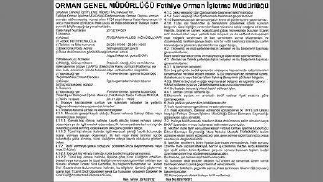 ORMAN GENEL MÜDÜRLÜĞÜ Fethiye Orman İşletme Müdürlüğü-