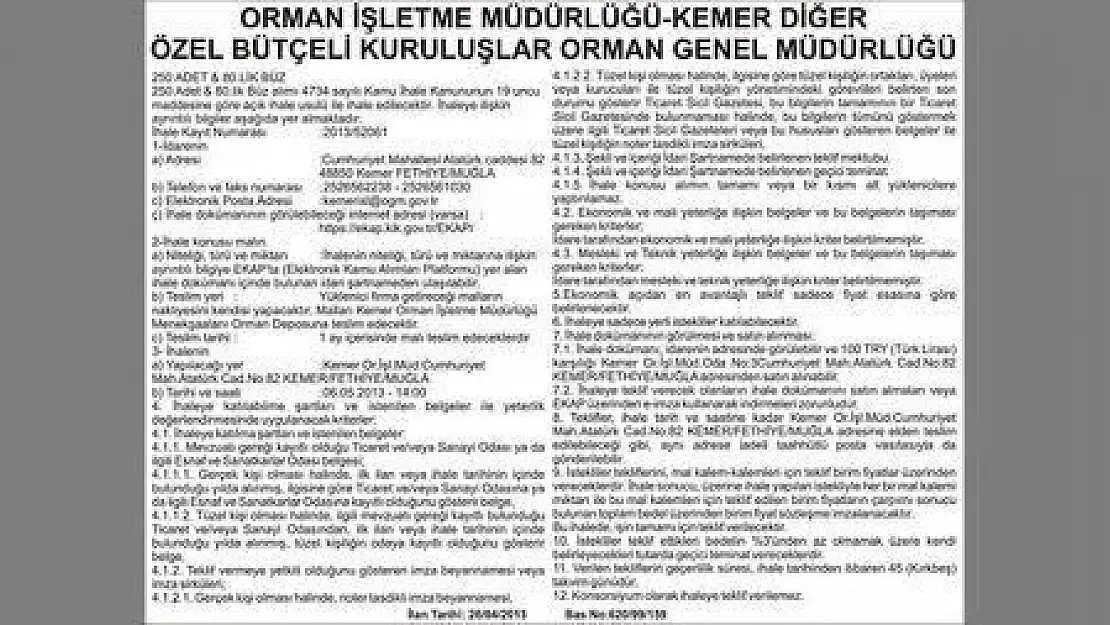 ORMAN İŞLETME MÜDÜRLÜĞÜ-KEMER DİĞER ÖZEL BÜTÇELİ KURULUŞLAR ORMAN GENEL MÜDÜRLÜĞÜ