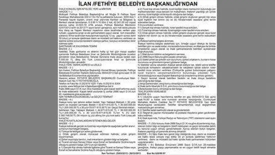 İLAN FETHİYE BELEDİYE BAŞKANLIĞI'NDAN