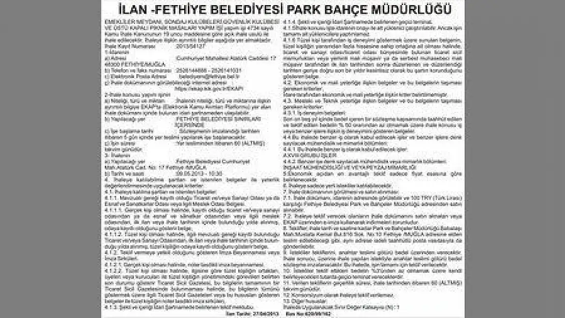 İLAN FETHİYE BELEDİYESİ PARK BAHÇE MÜDÜRLÜĞÜ