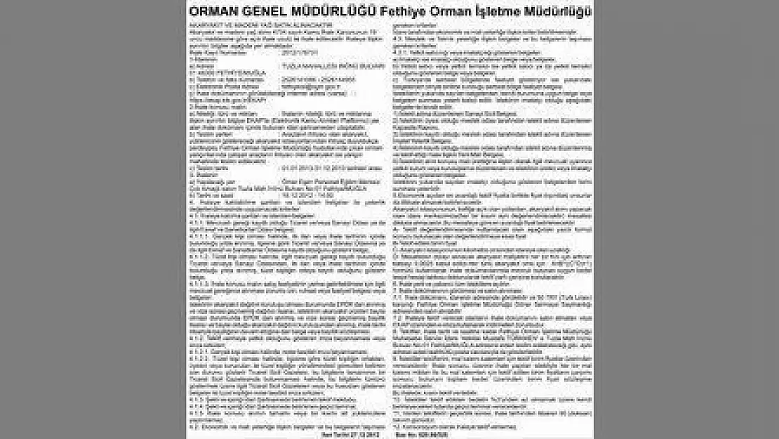 ORMAN GENEL MÜDÜRLÜĞÜ Fethiye Orman İşletme Müdürlüğü