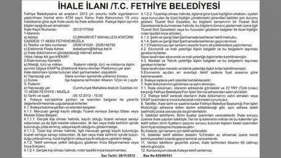 İHALE İLANI T.C. FETHİYE BELEDİYESİ