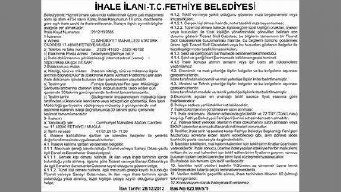 İHALE İLANI T.C.FETHİYE BELEDİYESİ