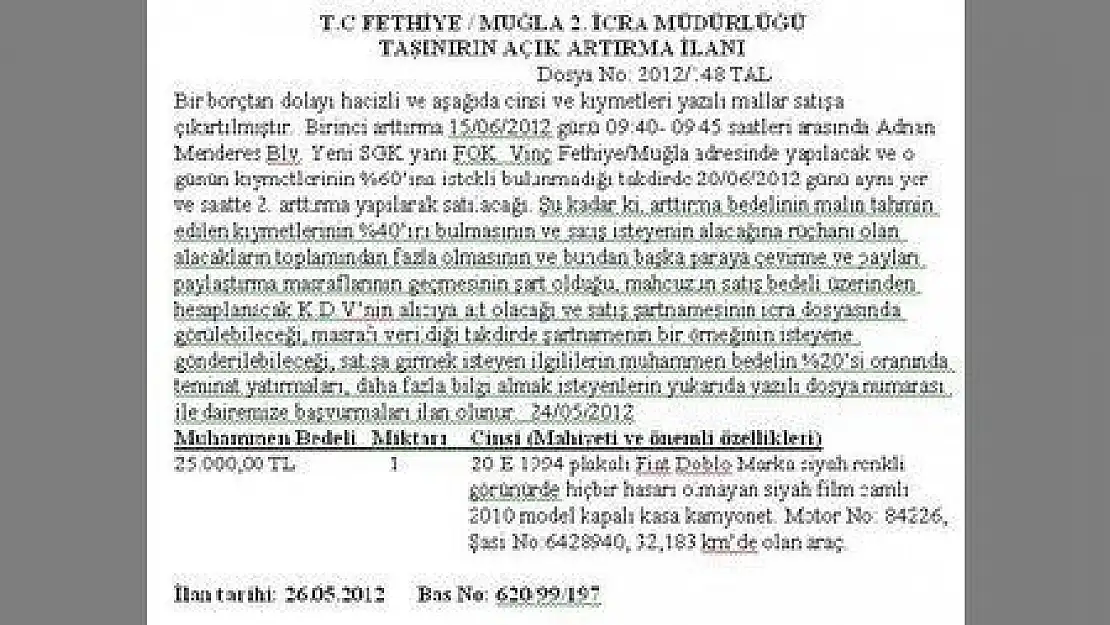 T.C FETHİYE  MUĞLA 2. İCRA MÜDÜRLÜĞÜ TAŞINIRIN AÇIK ARTIRMA İLANI