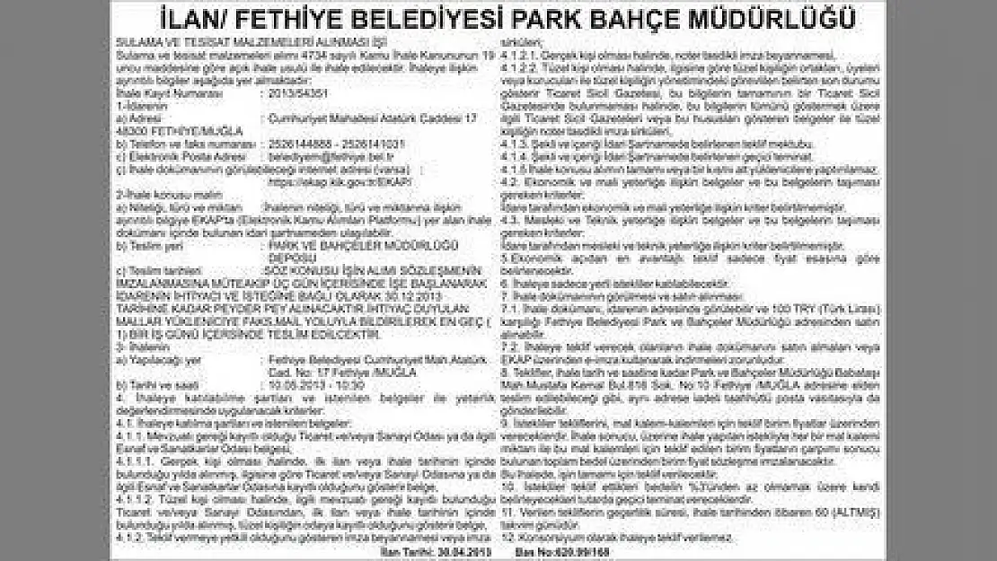 İLAN FETHİYE BELEDİYESİ PARK BAHÇE MÜDÜRLÜĞÜ