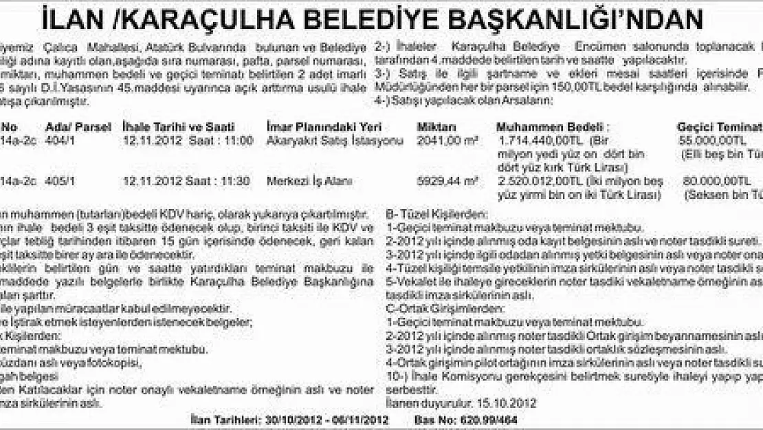 İ  L  A  N  KARAÇULHA BELEDİYE BAŞKANLIĞINDAN