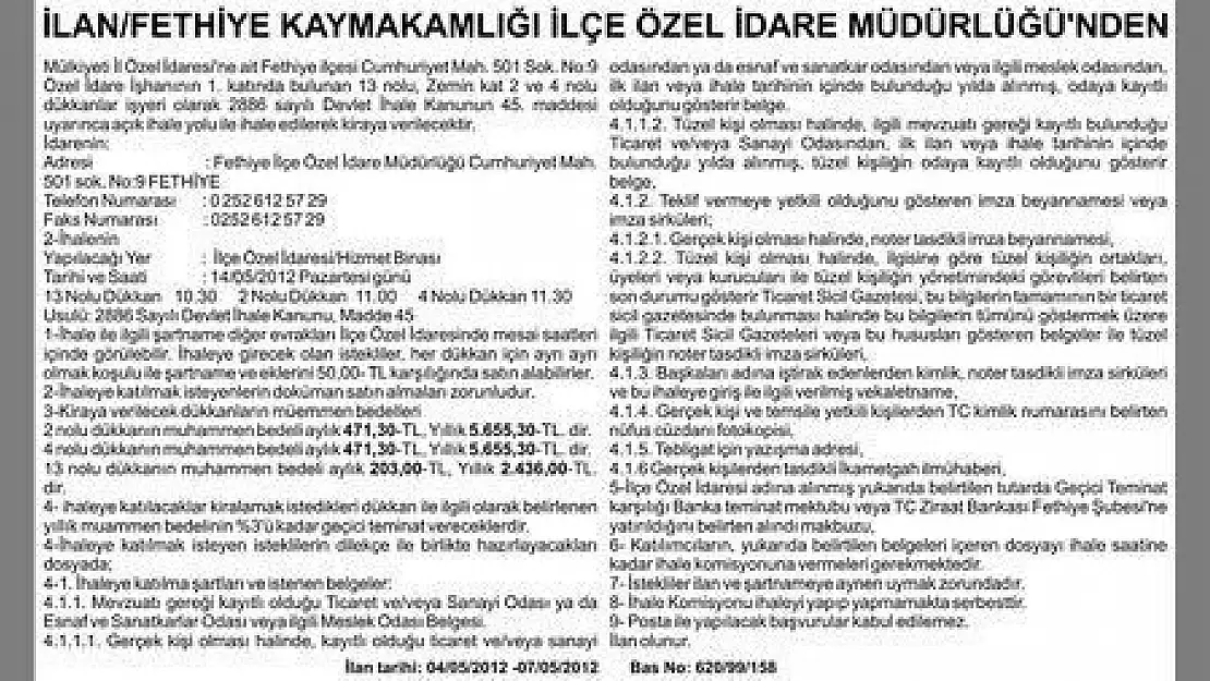 FETHİYE KAYMAKAMLIĞI İLÇE ÖZEL İDARE MÜDÜRLÜĞÜ'NDEN