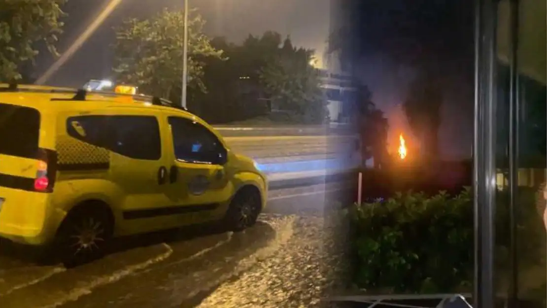 Antalya'da fırtına etkili oldu, sağanak yolları göle çevirdi... Yıldırım düşme anı kamerada