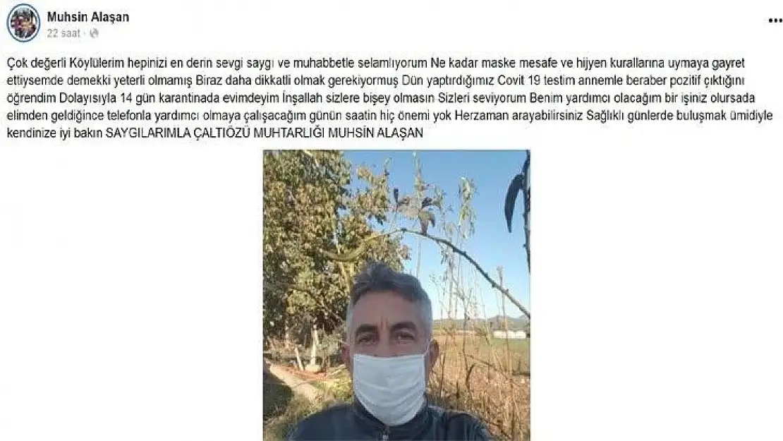 Çaltıözü Muhtarı Muhsin Alaşan koronavirüse yakalandı