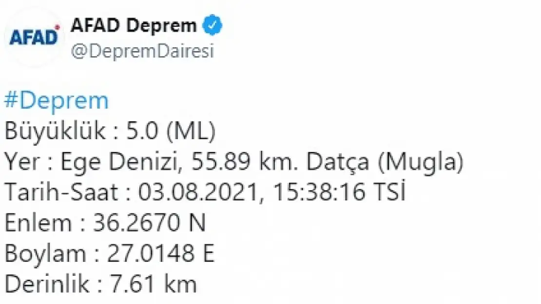 Datça'da 5.0 büyüklüğünde deprem oldu