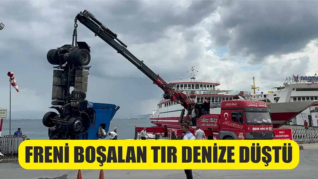 Freni boşalan tır denize düştü