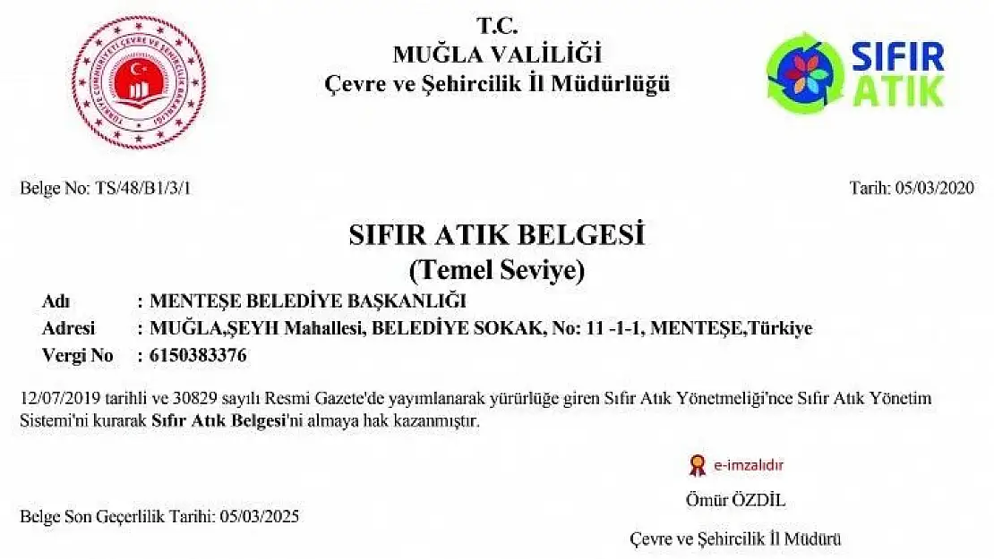 Menteşe Belediyesine Sıfır Atık Belgesi