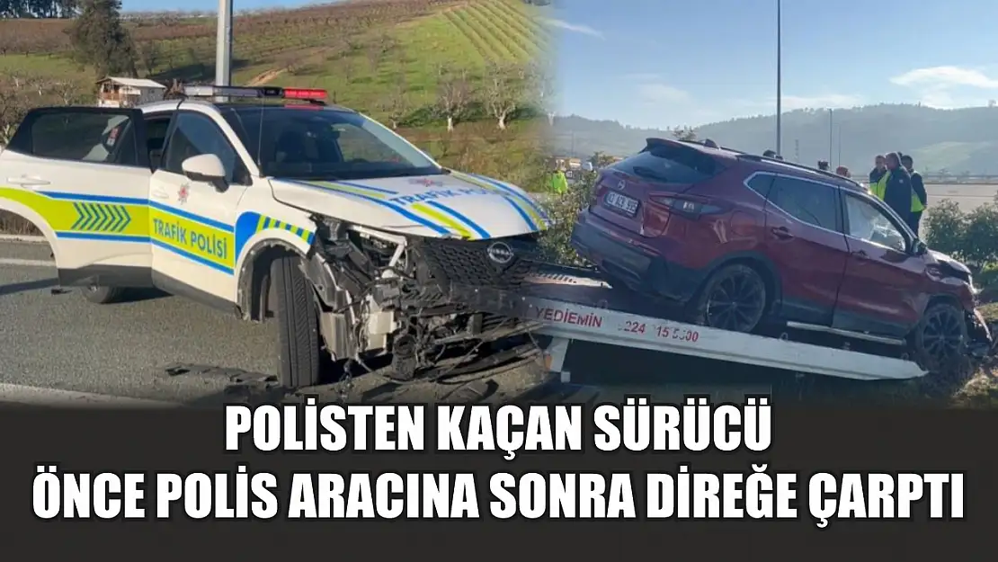 Polisten kaçan sürücü önce polis aracına sonra direğe çarptı