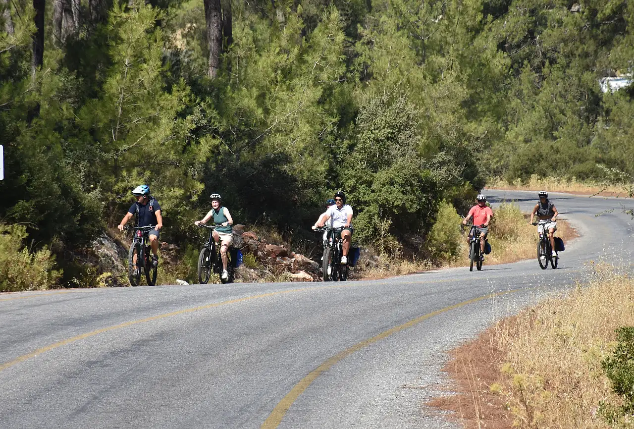 Bodrum'a kruvaziyerle gelen turistler, bisiklet turunda doğayla iç içe vakit geçiriyor