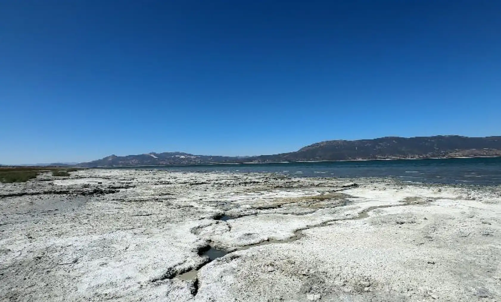 Burdur Gölü'nde balık tutmayı hayal ederken kuruyan gölde otlayan keçileri izliyor