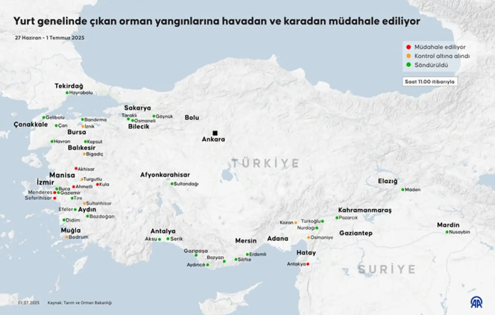 İzmir, Manisa, Isparta ve Hatay'daki orman yangınlarına müdahale sürüyor