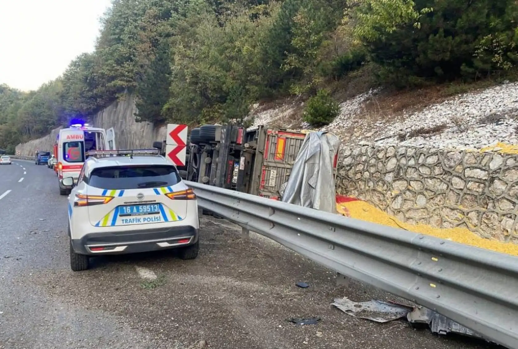 Kontrolden çıkan yem yüklü tır devrildi