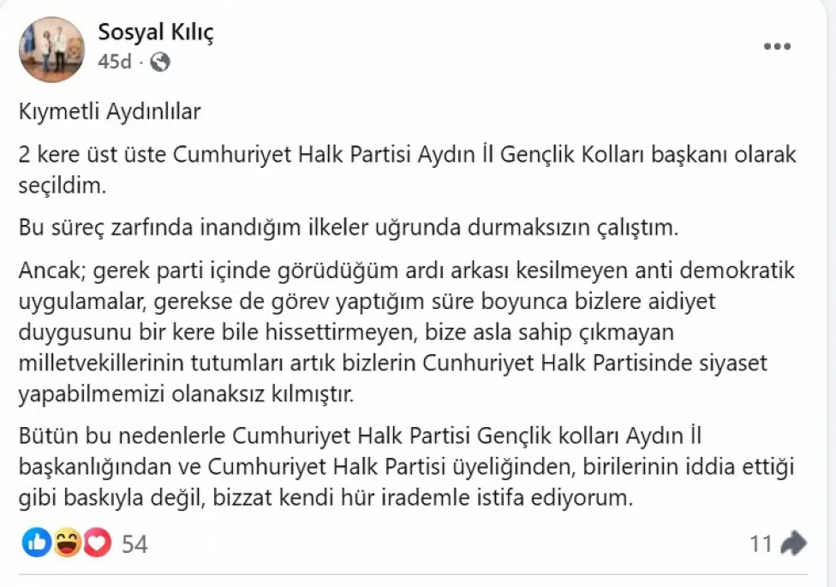 CHP Aydın İl Gençlik Kolları Başkanı Kılıç istifasını açıkladı