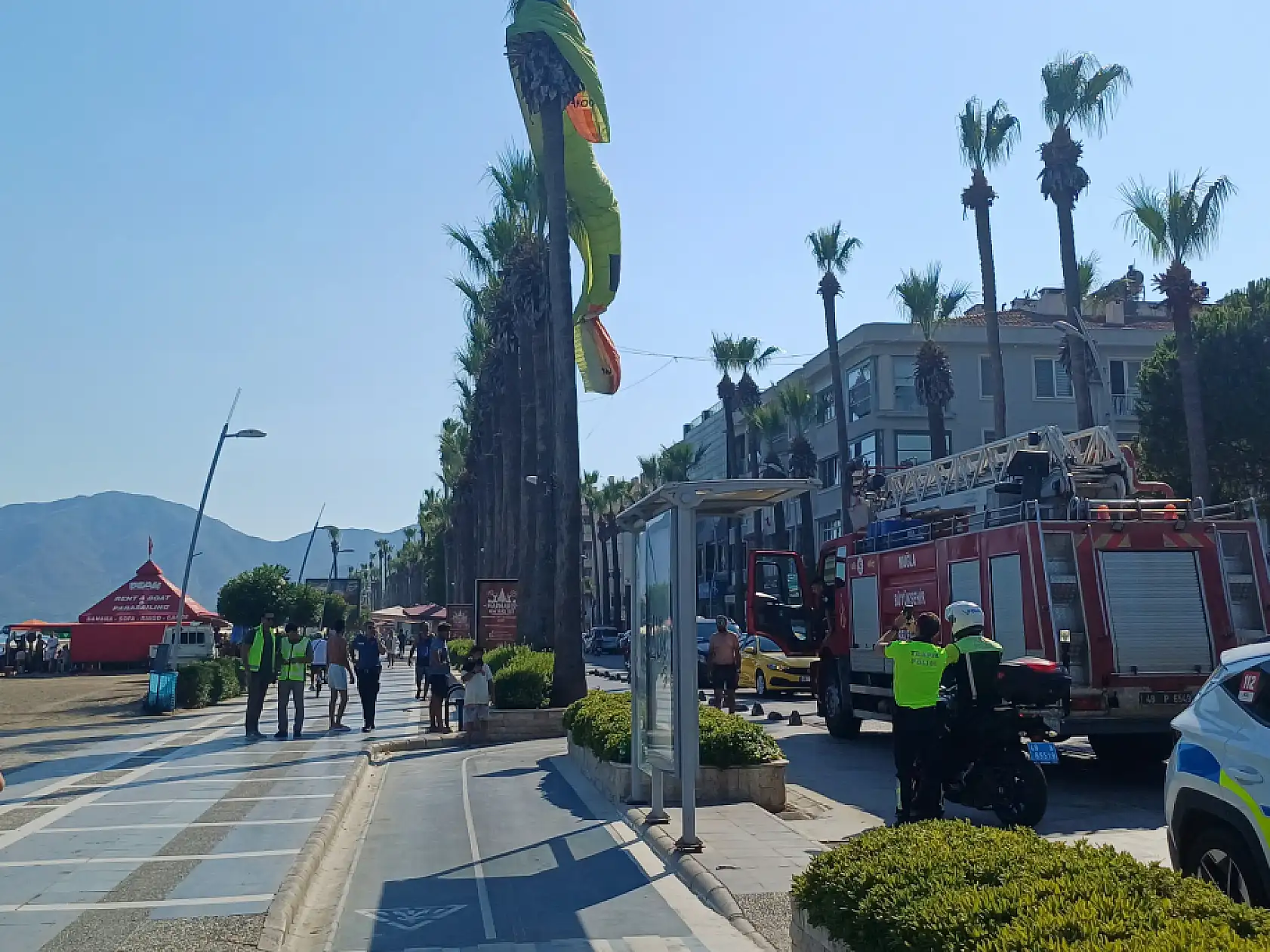 Marmaris'te deniz paraşütü palmiyeye takıldı