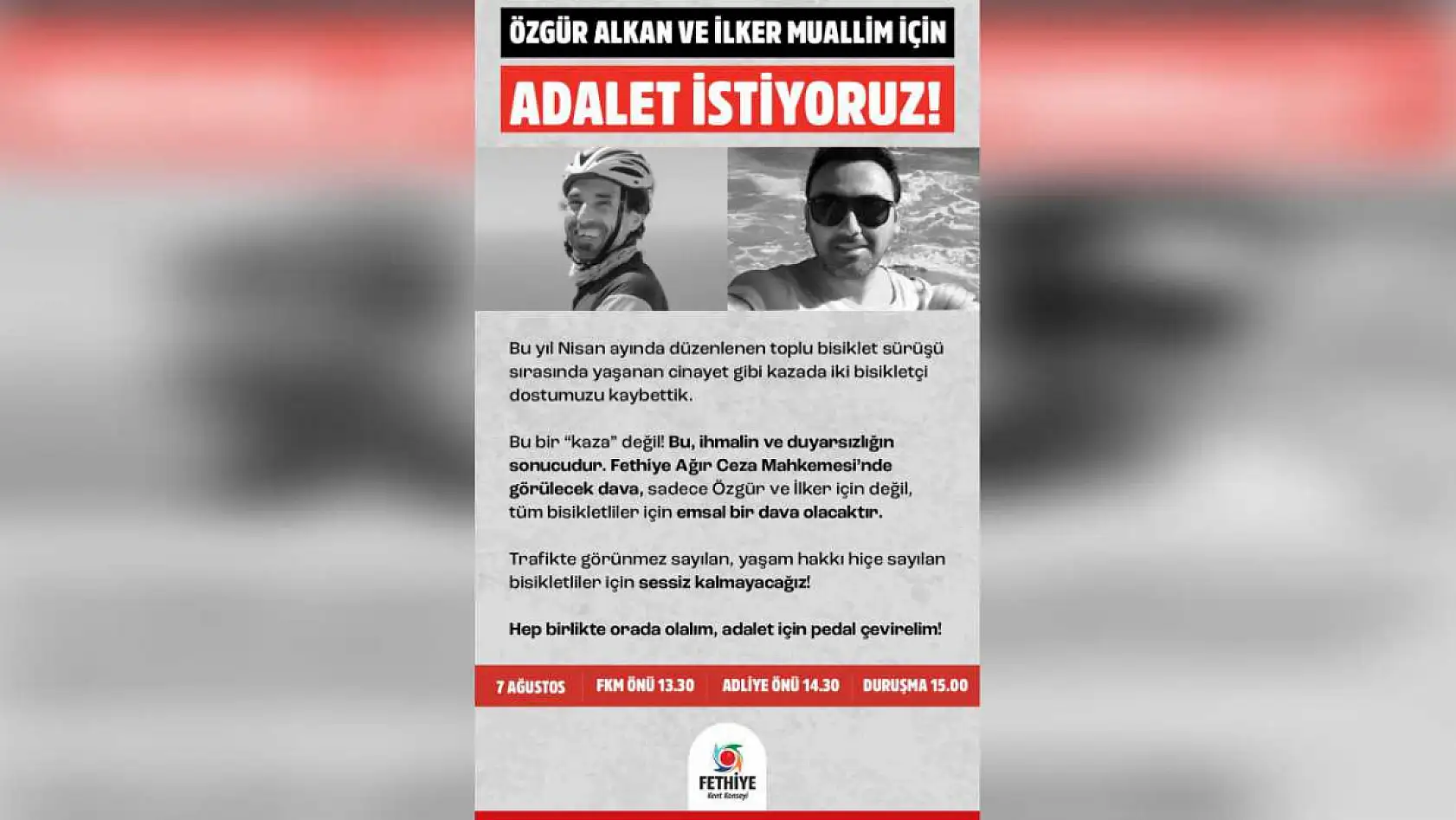 Fethiye'de İki Bisikletlinin Öldüğü Olayda Adalet Arayışı: 7 Ağustos'ta Adliye Önünde Buluşulacak