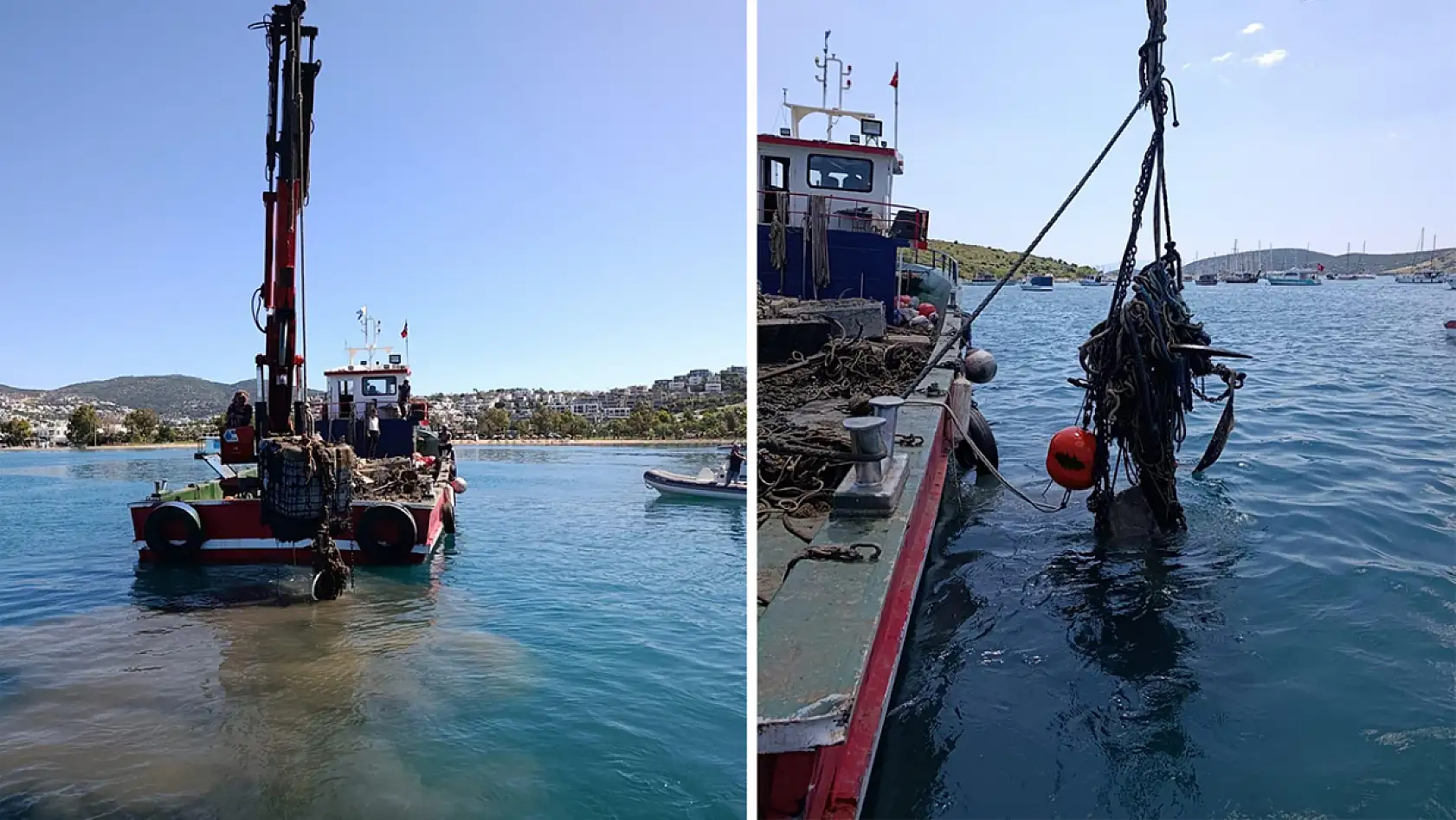 Bodrum'da denizdeki tonozlar ve atıklar dalgıçlar eşliğinde vinçle çıkarıldı