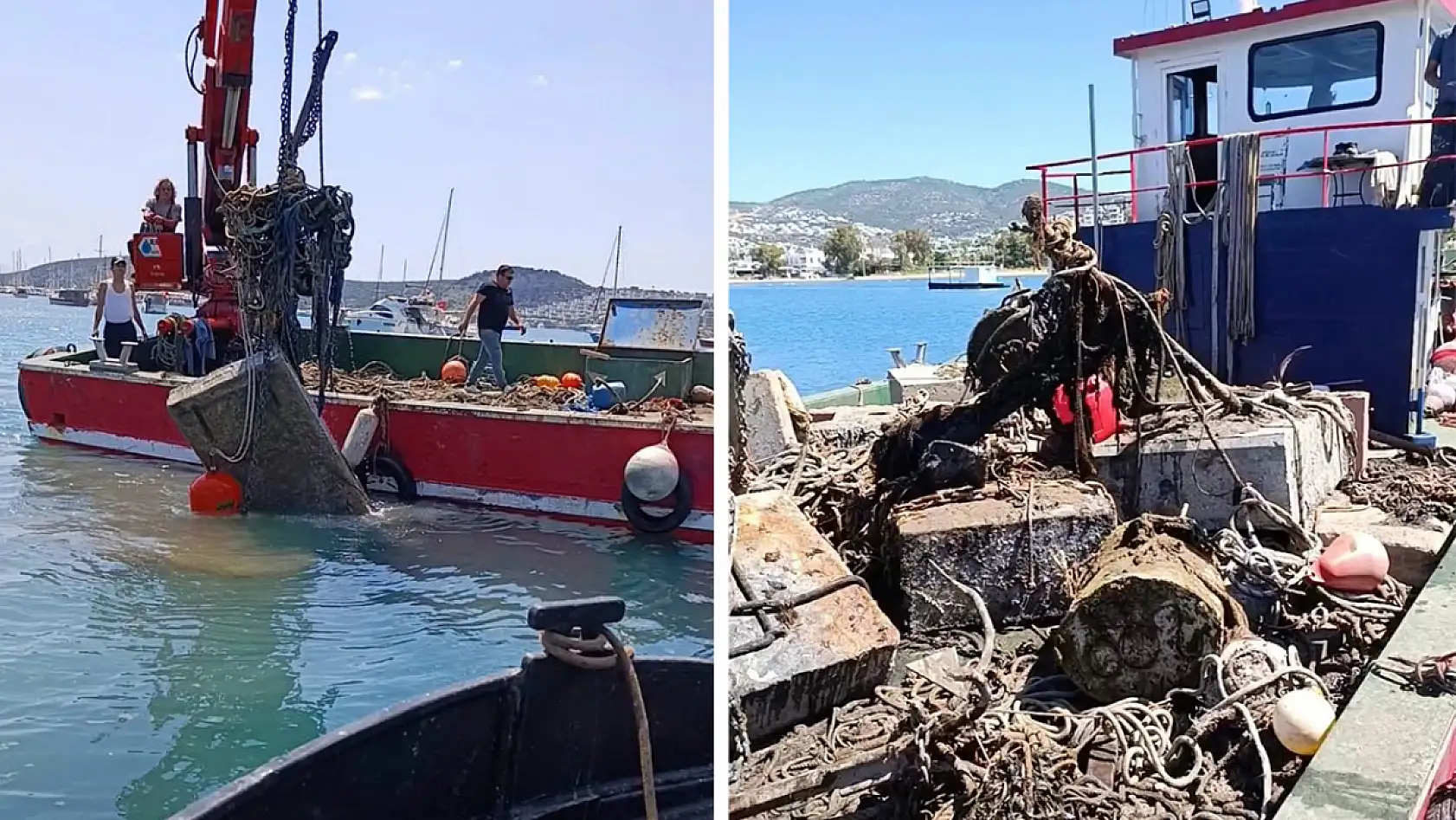 Bodrum'da denizdeki tonozlar ve atıklar dalgıçlar eşliğinde vinçle çıkarıldı