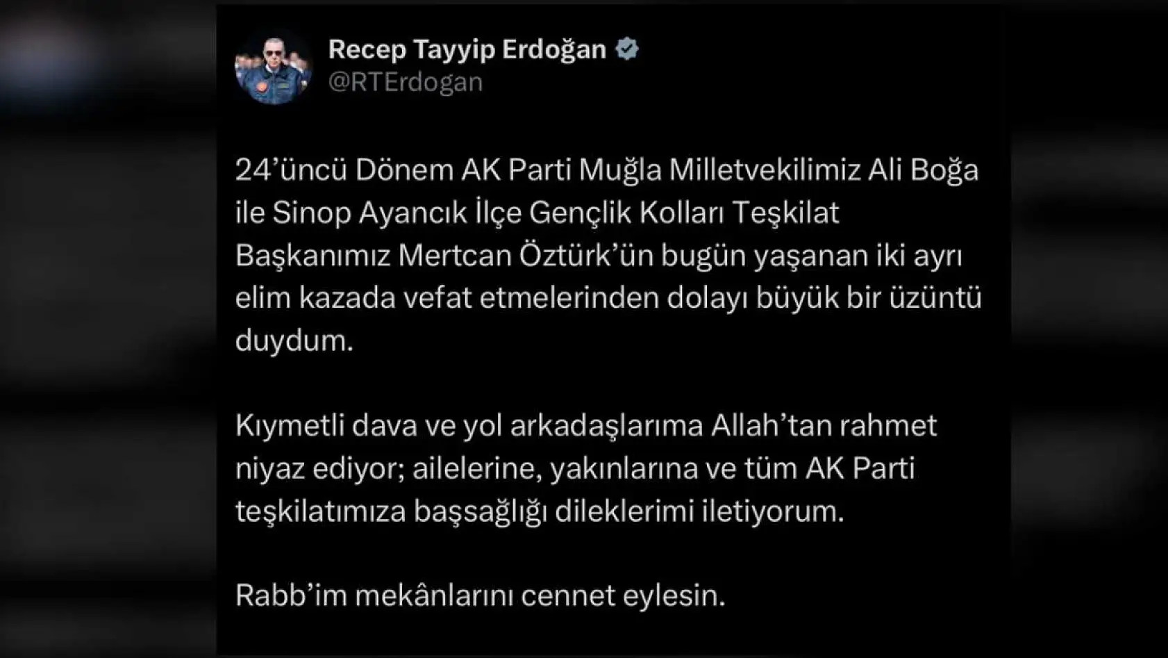 Cumhurbaşkanı Erdoğan'dan Ali Boğa İçin Taziye Mesajı