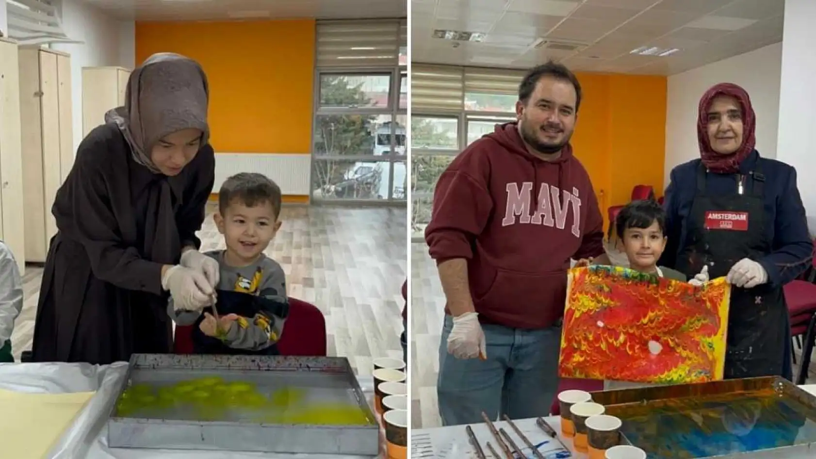 Muğla'da aileler ve çocuklar ebru sanatıyla renklerin yolculuğuna çıktı