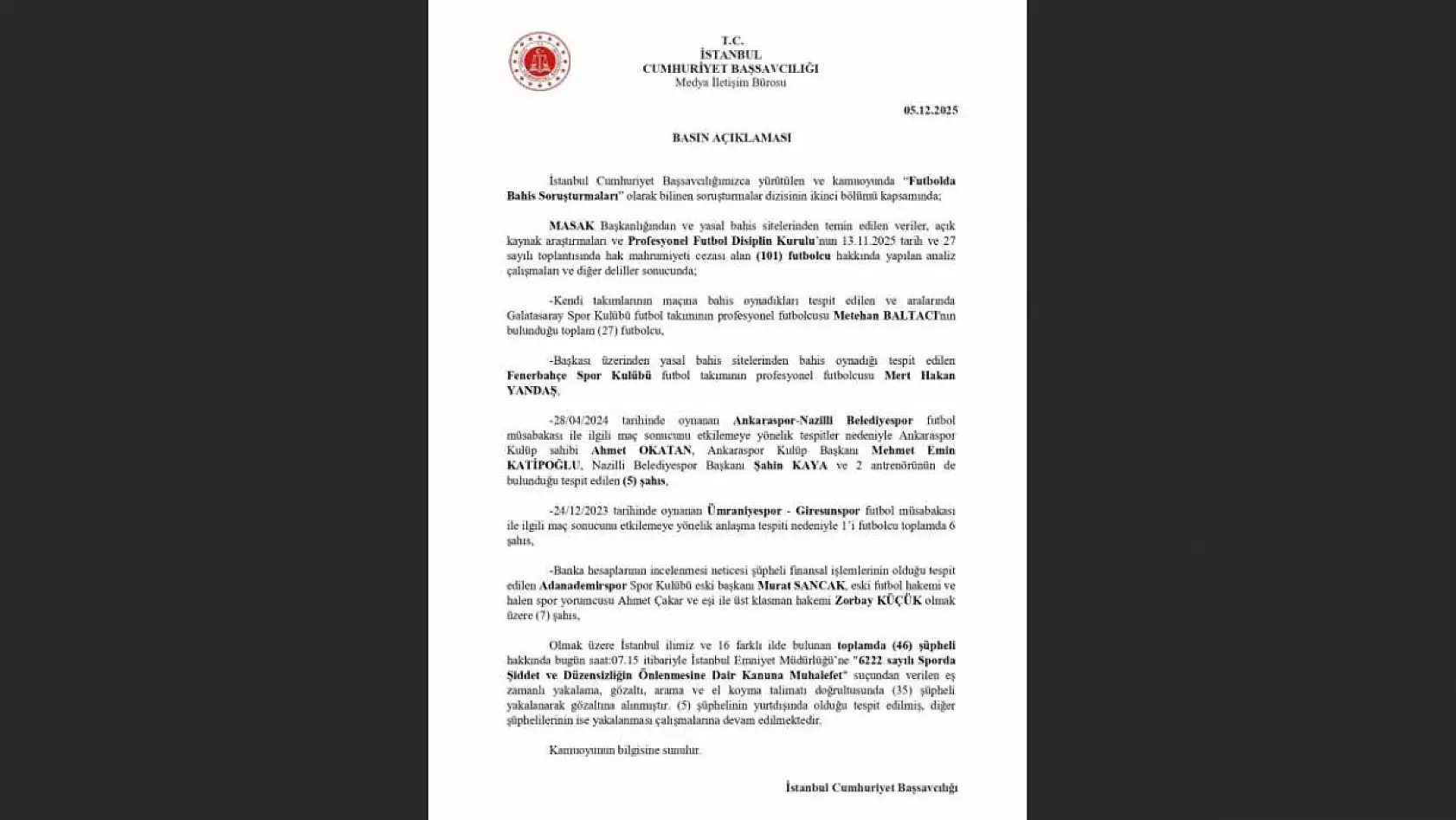 Bahis operasyonunda gözaltına alınan isimler belli oldu: Mert Hakan Yandaş, Zorbay Küçük..